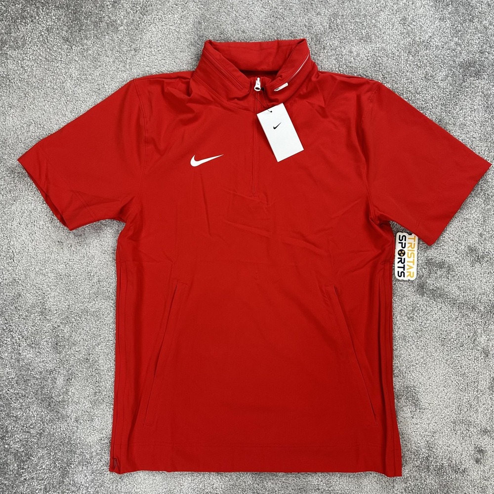 Nike Football Coaches Jacket Mens Small Red White 1/4 Zip Hooded Short Sleeve
